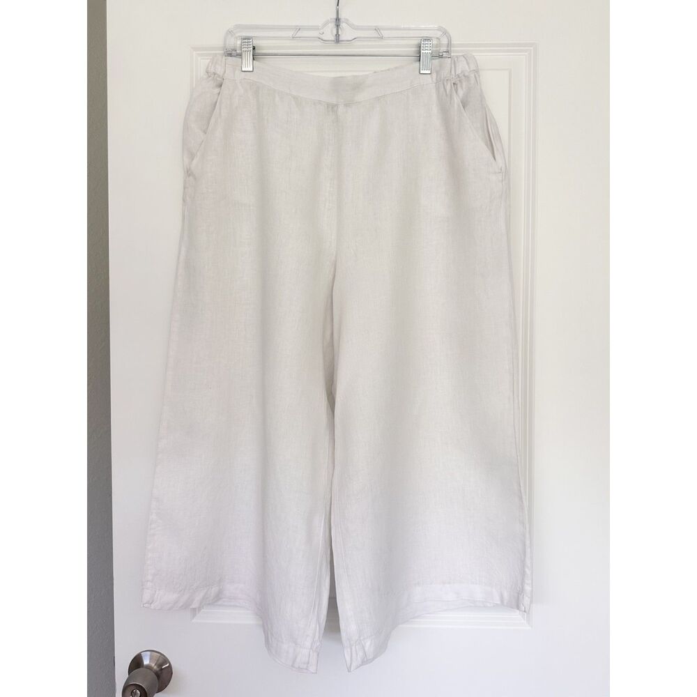 Ellen Tracy 100% Linen Pants Womens L White Wide Leg Pull On Coastal Beach